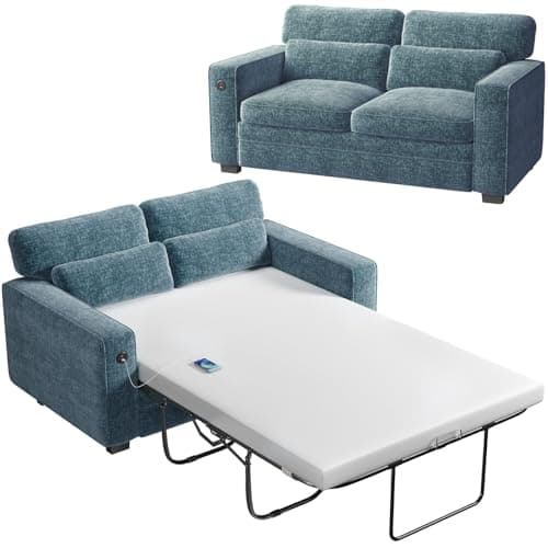 Marsail Full Size Pull Out Sofa Bed with Memory Foam, 2 USB, Grey Chenille Fabric