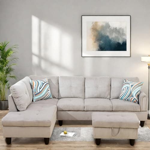 L-Shaped Couch with Chaise, 6 Seat Modern Living Room Sectional in Black/Grey with Storage