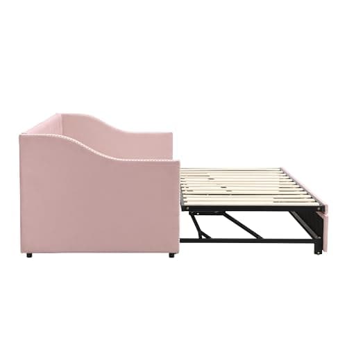 Extendable Velvet Upholstered Daybed with Pop-Up Trundle, Pink Bed Frame (Twin to King)