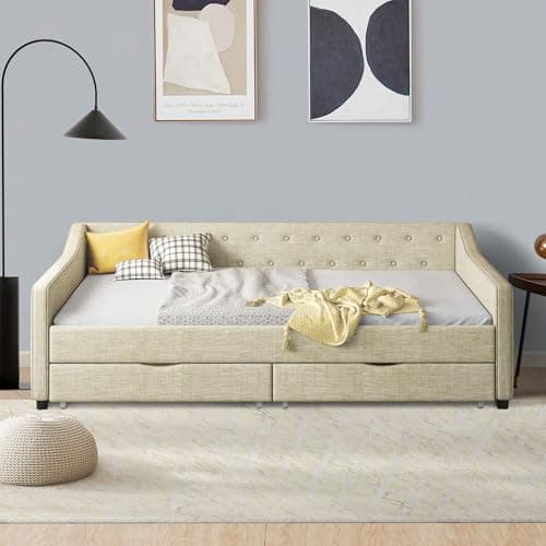 Linen Upholstered Ball & Cast Daybed, Dark Grey, 2 Storage Drawers