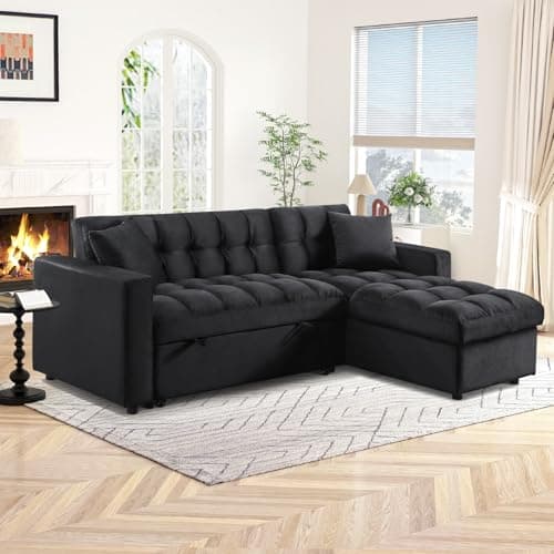 82-inch Black L-Shaped Velvet Tufted Sectional Sleeper Sofa