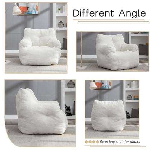 Bean Bag Chairs for Adults and Kids: Fluffy Memory Sponge Sofa with Armrests (White)