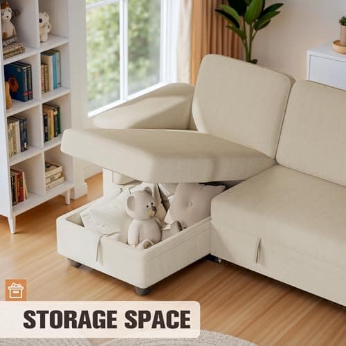 Homall L-Shaped Sleeper Sofa with Storage, Beige Linen Fabric