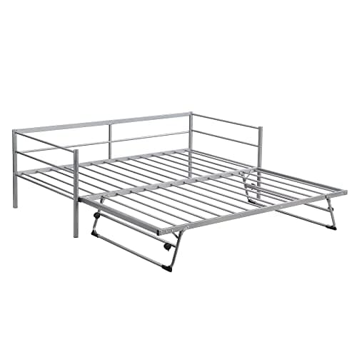 Merax Twin Size Adjustable Metal Daybed with Pop Up Trundle, Steel Slats Support, Silver