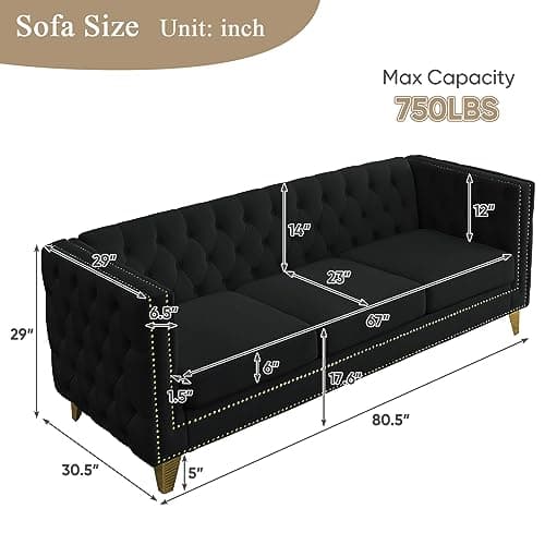 80" Modern Button Tufted Velvet Couch with Gold Nail Heads and Metal Legs for Living Room