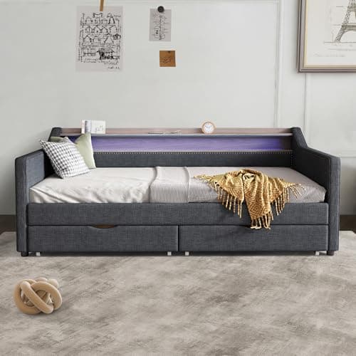 Linen Upholstered Twin Daybed with Storage and USB Port,Dark Grey