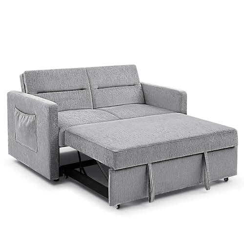 Modern 3 in 1 Convertible Sleeper Sofa Bed, Loveseat Couch with Pull-Out Bed, Reclining Backrest & Side Pocket, Blue
