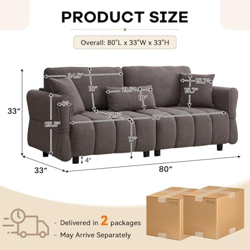 80-inch Grey Cloud Couch, Soft Chenille 3-Seater Sofa with Throw Pillows