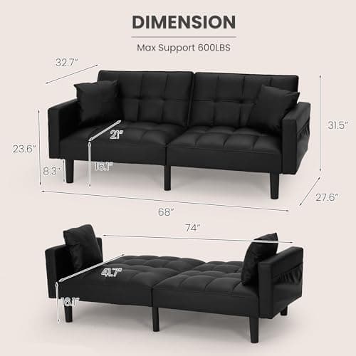 ECOTOUGE Convertible Futon Couch, Adjustable Back, Black