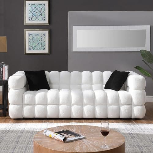 Sherpa Upholstered 3-Seater Cloud Couch with Pillows for Living Room - White