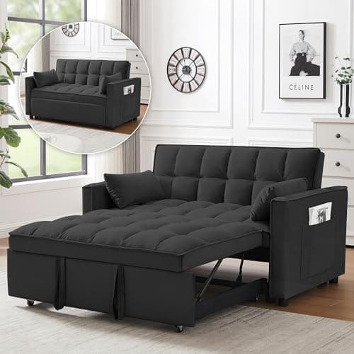 3 in 1 Convertible Sleeper Sofa Bed, Black Velvet Living Room Couch with Side Pocket | Adjustable Backrest