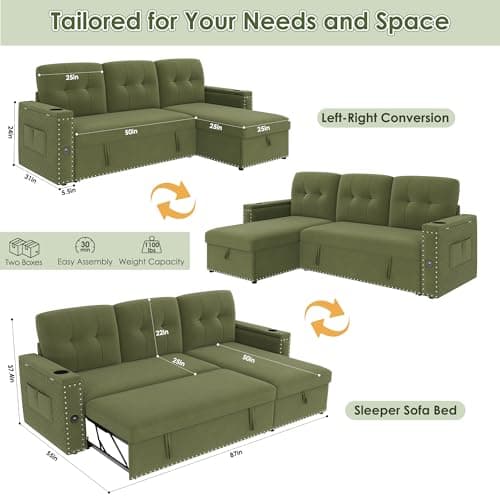 HIFIT 87 L-Shaped Sleeper Sofa Bed with Storage, LED Light, USB Port & Cupholder - Modern Green Velvet Sectional for Living Room