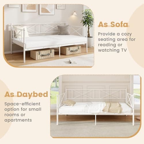 Giantex Twin Size Metal Daybed with Headboard & Slat Support (White)