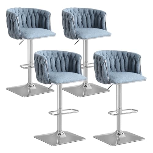 Antetek Modern Swivel Bar Stool Set, Adjustable Height, Woven Back, Silver Base, Blue Teddy