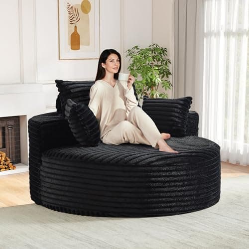 Modern Oversized Black Round Chaise Longue Chair for Living Room and Bedroom, 55-inch Upholstered Chenille Deep Seat Circle Single Cloud Lounge Floor Sofa Chair