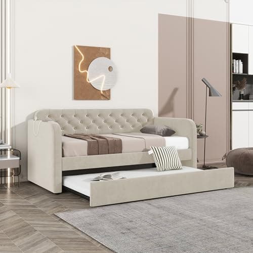 Dark Grey Velvet Upholstered Twin Size Daybed with Trundle and USB Port