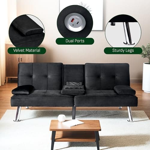 FLEXISPOT XCT3 Velvet Black Futon Sofa Bed USB Charging
