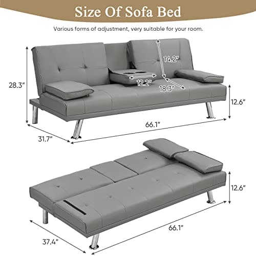 Antetek Modern Convertible Faux Leather Futon Sofa Bed with Cup Holder – Grey