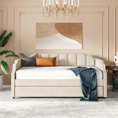 Beige Upholstered Daybed with Trundle & Wood Slat Support, Easy Assembly, Living & Guest Room