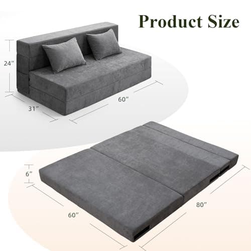 HOMFINE Folding Sofa Bed - Convertible Sleeper Chair, Grey Queen