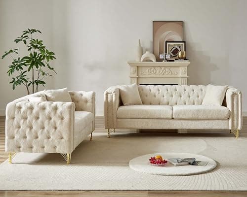 Modern Chenille Living Room Furniture Set with Copper Nail Trim, Beige