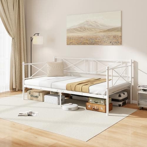Giantex Twin Size Metal Daybed with Headboard & Slat Support (White)