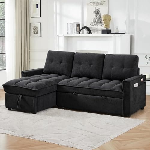 Reversible L-Shaped Sleeper Sofa Couch, Black with Storage & USB Ports