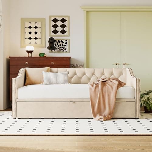 Beige Twin Upholstered Daybed with Pop-up Trundle Bed