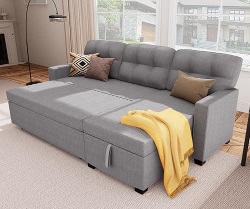 DeepGrey Linen Reversible Sectional Sleeper Couch with Storage and Pull-Out Bed
