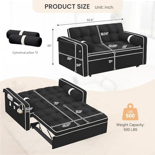 Upgraded Sleeper Sofa Couch Bed with Phone Holder, Small Modern Convertible Loveseat Futon Sofa w/Pullout Bed, Adjustable Backrest, Black