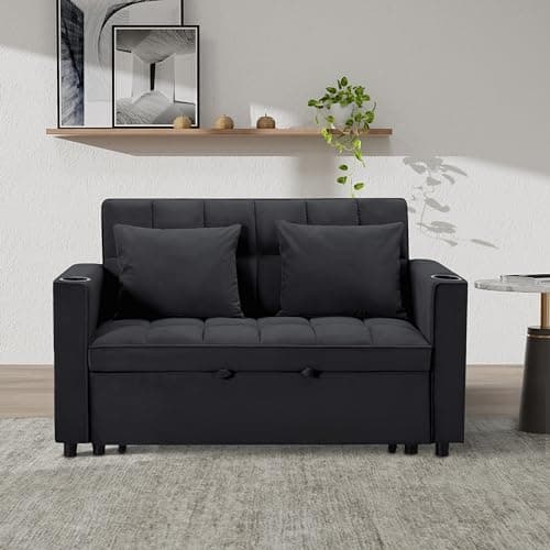 Modern Upholstered Pull Bed Sleeper with Reclining Backrest, Black Futon Love Seat for Living Room