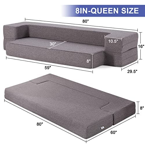 Fold Out Couch Bed with 2 Pillows & Washable Cover, Queen Size