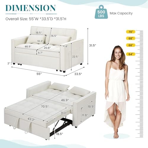 Convertible Sleeper Sofa Bed for Small Living Rooms, Beige Velvet Loveseat Futon Couch with Pullout Bed