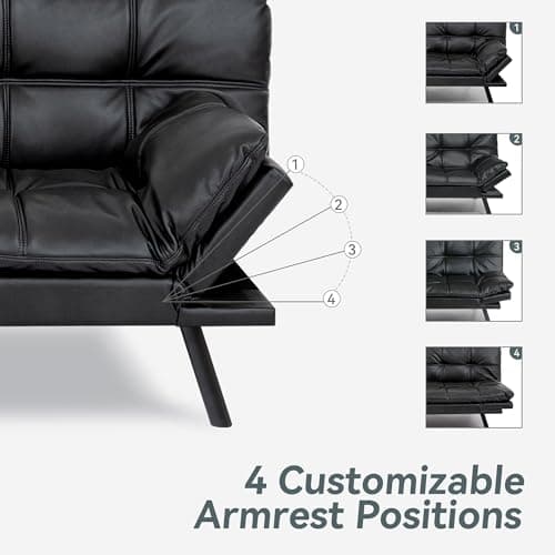 Black Faux Leather Futon Sofa Bed with Memory Foam & Adjustable Backrest
