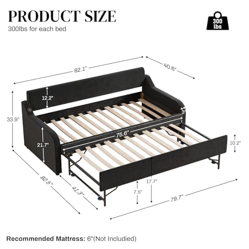 Rophefx Velvet Black Twin Day Bed with Pop Up Trundle & USB