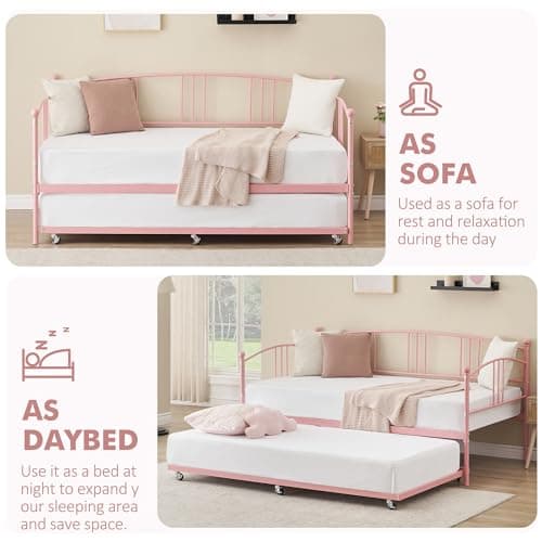 Pink Metal Twin Daybed with Trundle - No Box Spring Needed