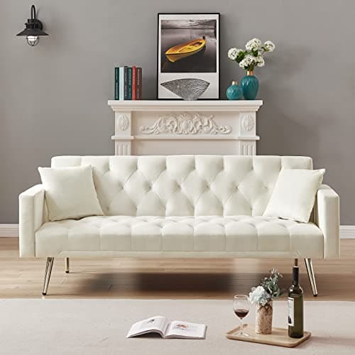 Golden Tapered Metal Legs, Pink 73-inch Reclining Velvet Futon Sofa Bed