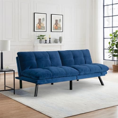 Thick Cushioned 72" L Velvet Futon Couch Bed, Deep Black Reclining Sofa