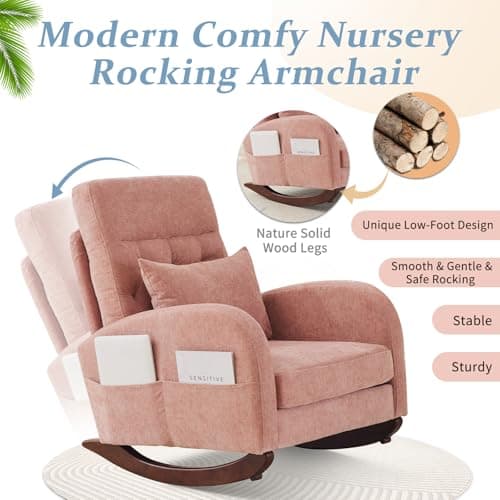 VINGLI Chenille Low Seat Rocking Chair, Pink with Side Pockets and High Backrest