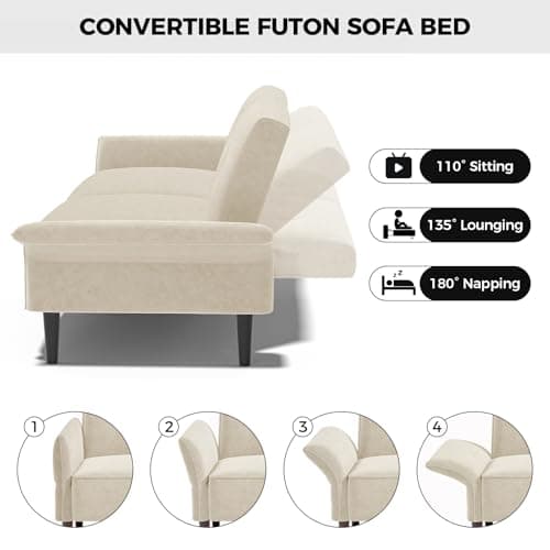 Modern 89 Velvet Futon Sofa Bed with Pillows - Beige Color
