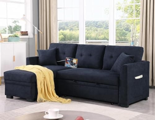 Eafurn Reversible Corduroy L-Shaped Sleeper Sectional With Chaise, USB Ports, Living Room Sofa Bed