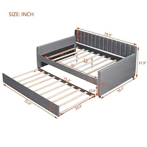 Upholstered Daybed with Trundle and Wood Slat Support, Gray