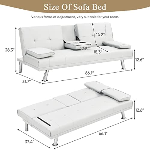 Modern Futon Sofa Bed with Adjustable Positions and Cup Holder - White
