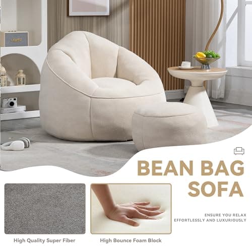 Modern Bean Bag Chair with Ottoman, Comfy Sofa Chair with High Pressure Foam - Beige