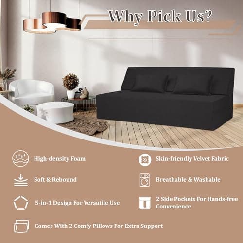 5-in-1 Queen Convertible Sofa Bed with Memory Foam Mattress, Velvet Fabric, Black