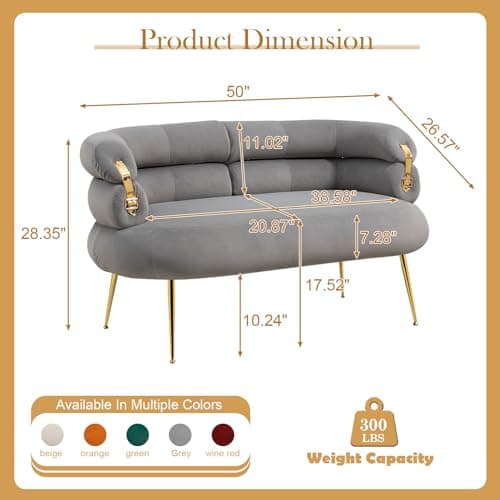 Antetek Velvet Loveseat Sofa with Golden Decor, Grey