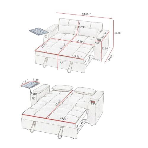 65" 3-in-1 Folding Sofa Bed, Chenille Fabric, 360° Swivel Table, Grey