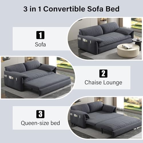 3-in-1 Queen Size Pull-Out Sofa Bed with Cloud Velvet Couch & Side Storage