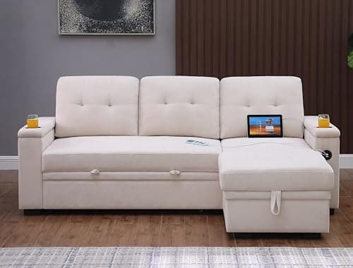 Eafurn Reversible Corduroy L-Shaped Sleeper Sectional With Chaise, USB Ports, Living Room Sofa Bed