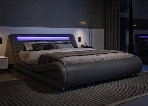 Allewie King Size LED Platform Bed with Adjustable Headboard & Faux Leather